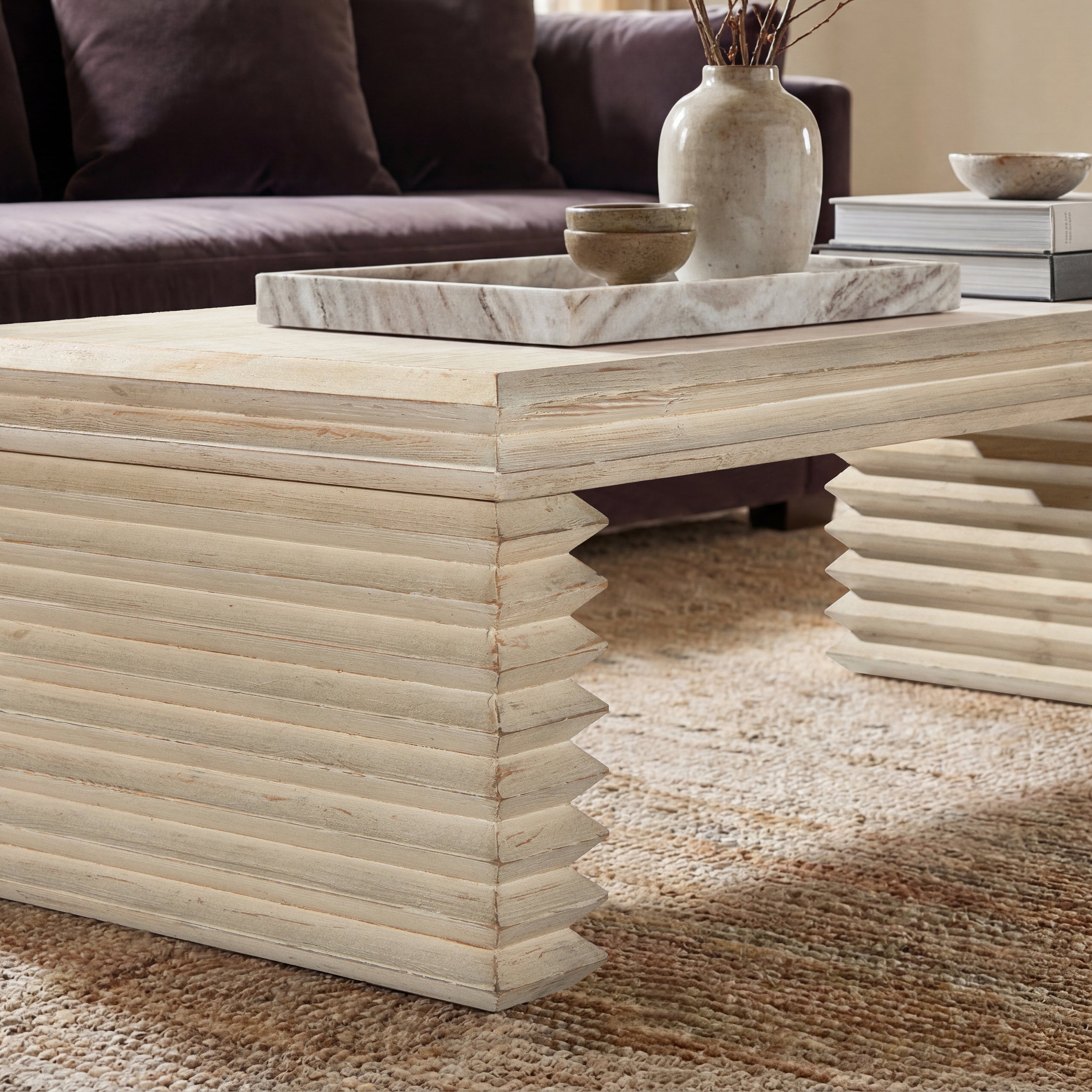 Veda 55" Reclaimed Wood Stacked Geometric Waterfall Coffee Table