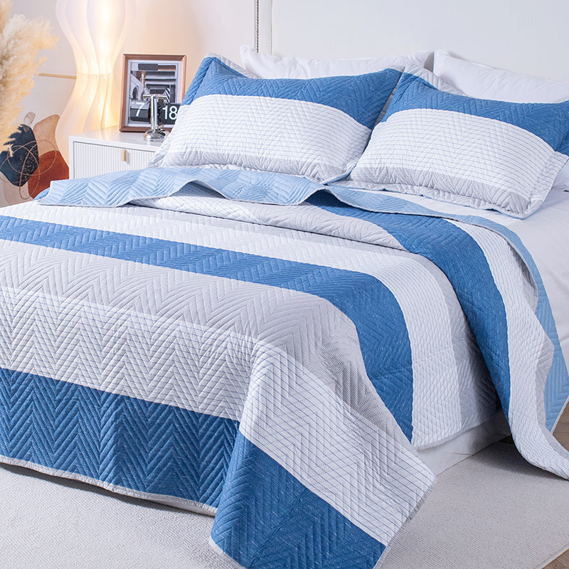 Kasentex Spring Lightweight Reversible Stripe Quilt Set Bedding- Sky Blue and Ivory White, Room Decor, Graduation Gifts, Father's Day Gift