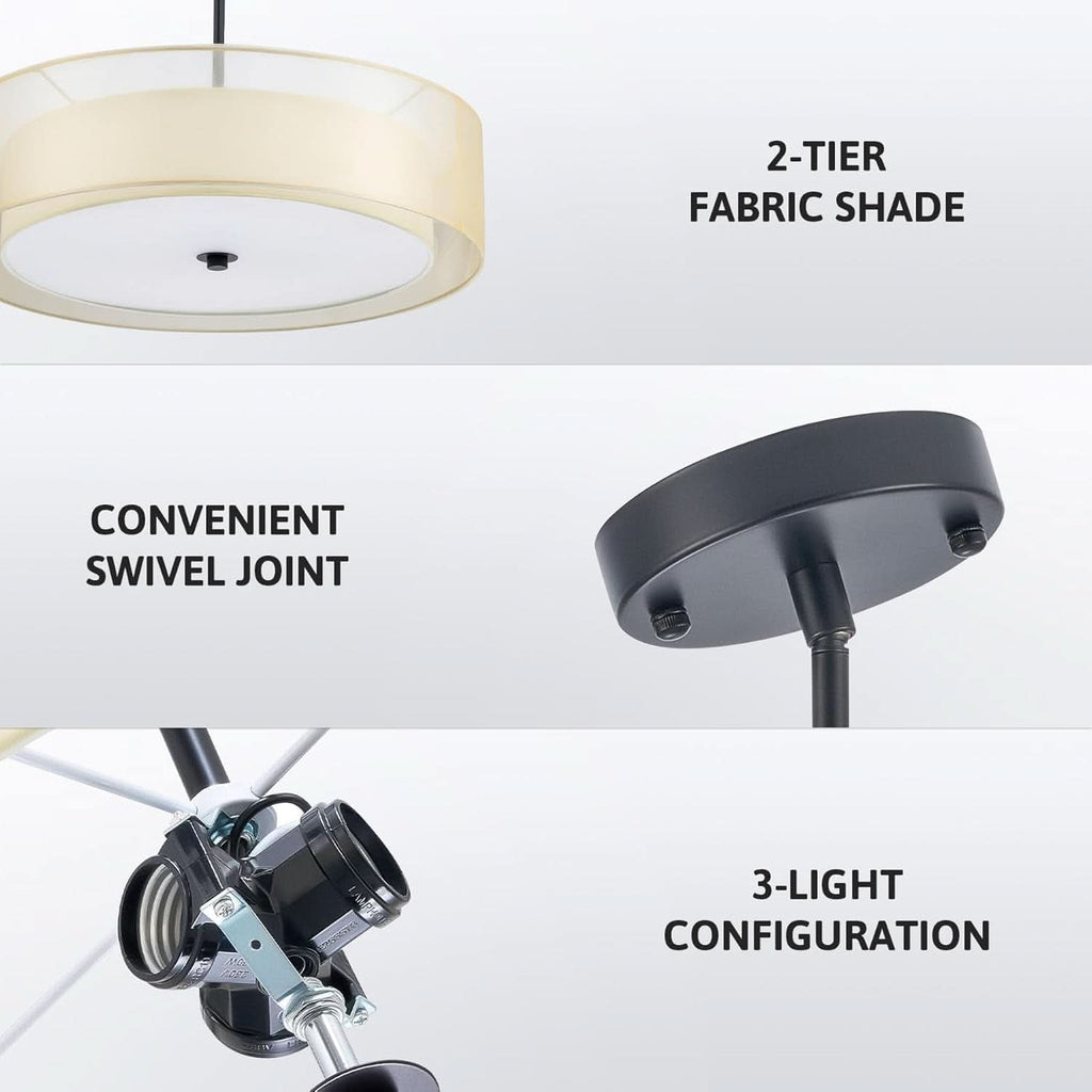 20 Inch Black Drum Pendant Light With Fabric Shade Three Light Matte Finish For Living Room