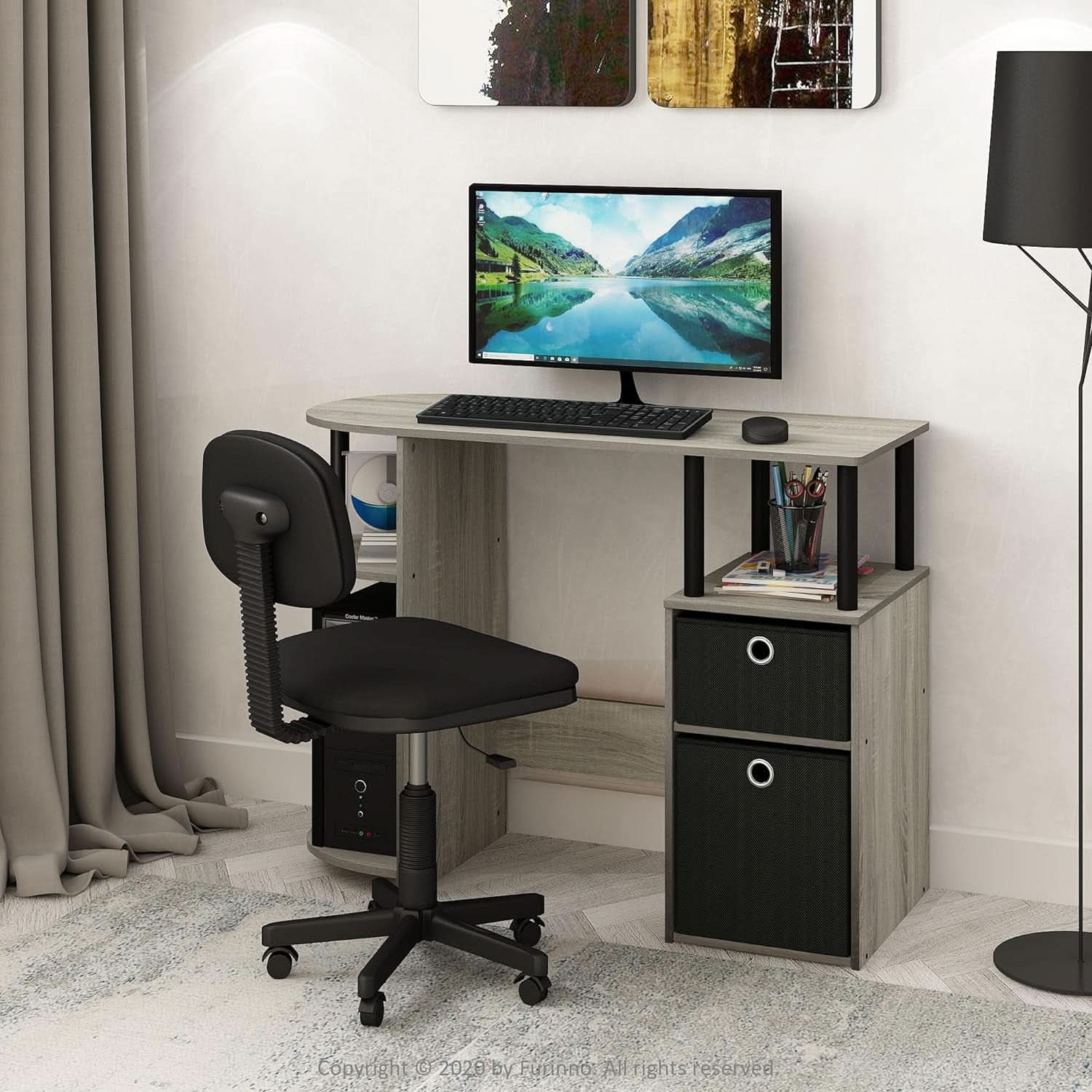 Jaya Simplistic Computer Desk CPU Shelf Oak Grey Black