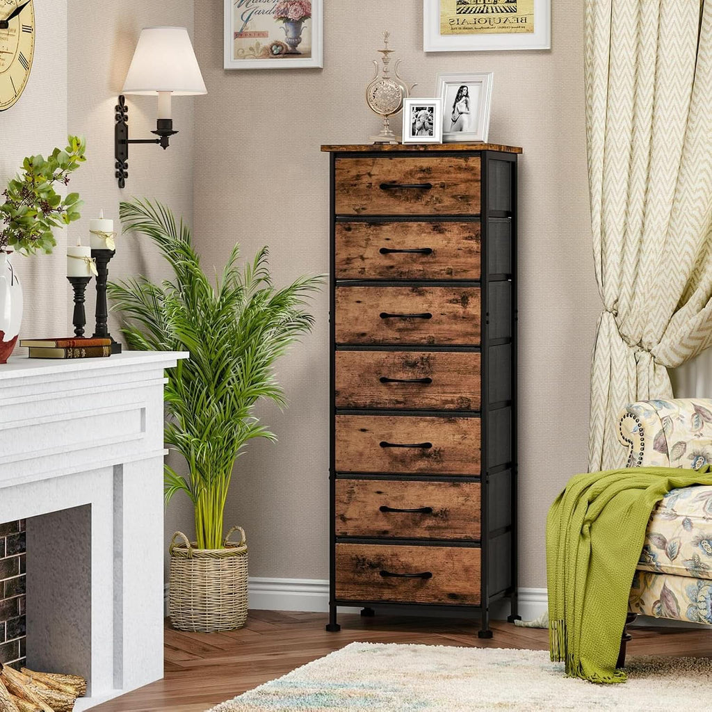 Tall Dresser With Seven Fabric Drawers In Woodgrain Finish