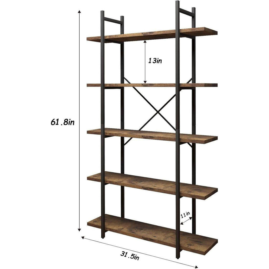 Five Tier Bookshelf Organizer Rustic Brown Metal Shelving