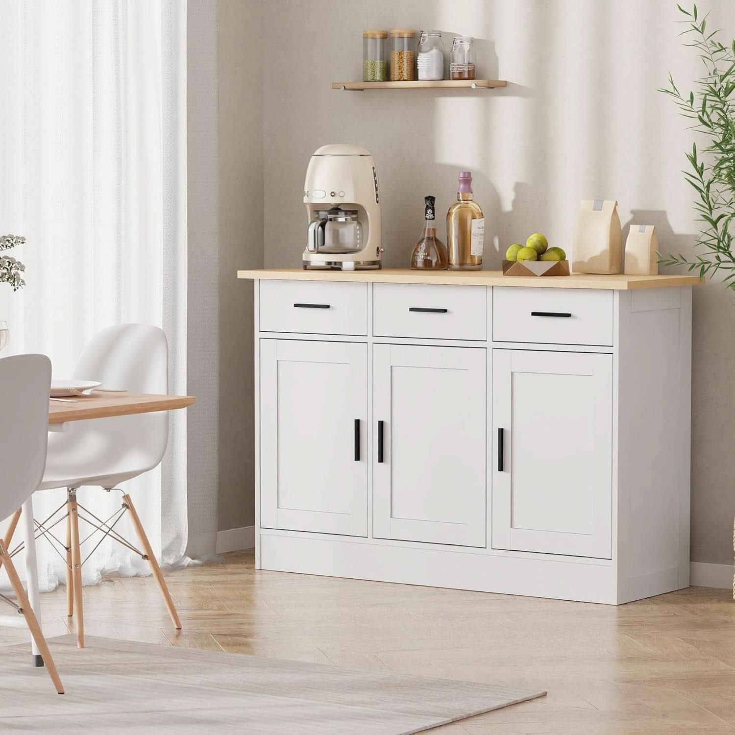 White Buffet Cabinet 47W Oak Top With 3 Doors And 3 Drawers