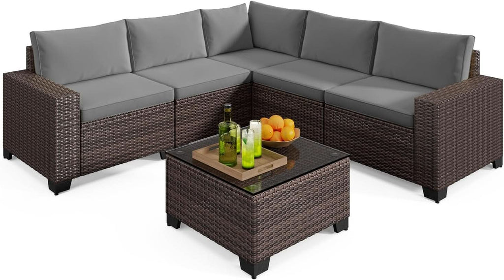 Outdoor 6-Piece Wicker Sectional Sofa Set with Cushions