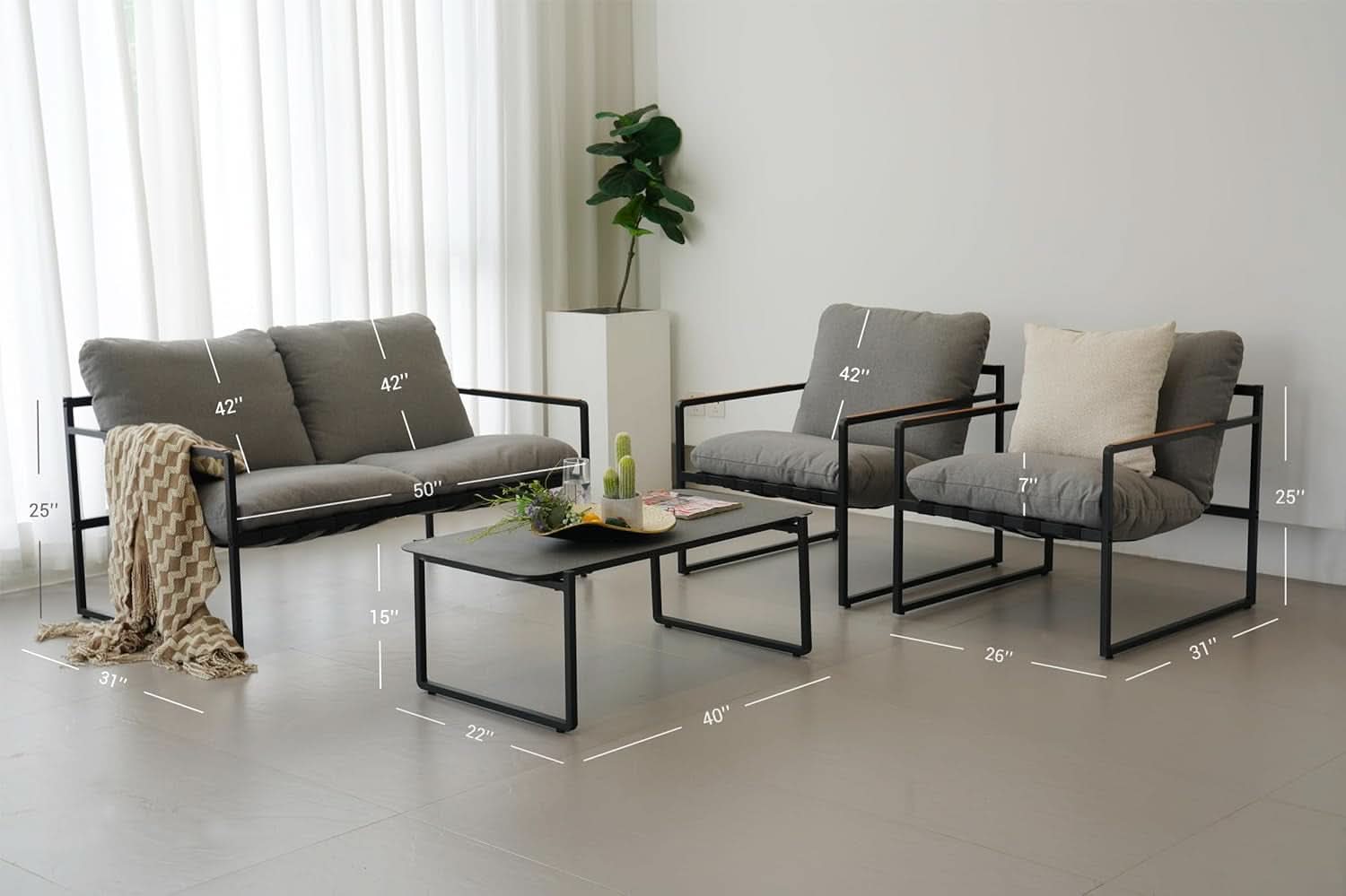 4 Piece Patio Outdoor Furniture Set With Modern Metal Sofa And Coffee Table