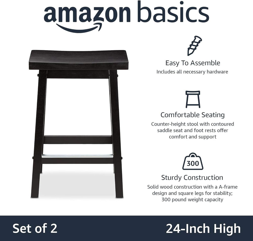 Solid Wood Saddle Bar Stool Counter Height Set 2 Black 24In
