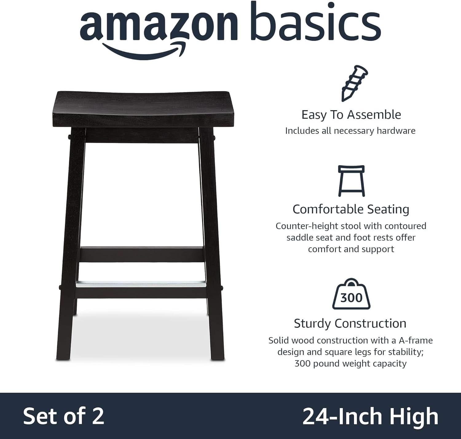 Solid Wood Saddle Bar Stool Counter Height Set 2 Black 24In
