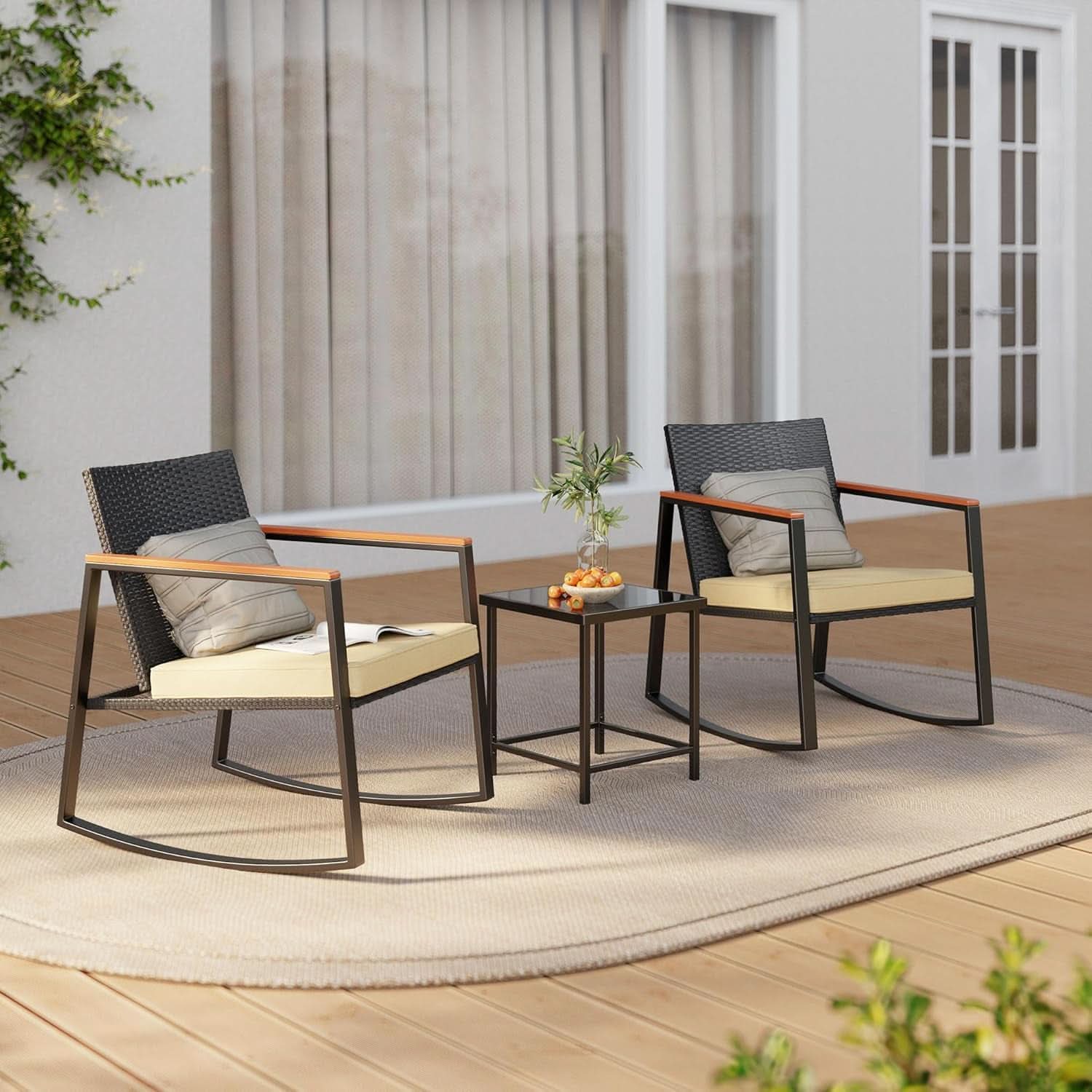 3 Piece Rocking Patio Bistro Set With Anti Scald Armrests Glass Table Cushions Outdoor Wicker Furniture