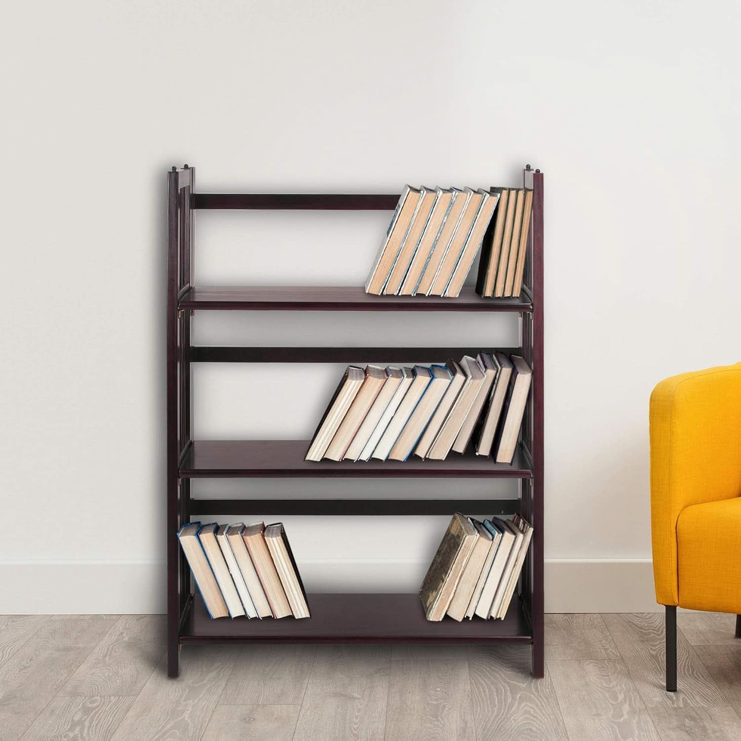 Three Shelf Folding Stackable Bookcase 27.5 Inch Wide Espresso Wood Home Office Storage