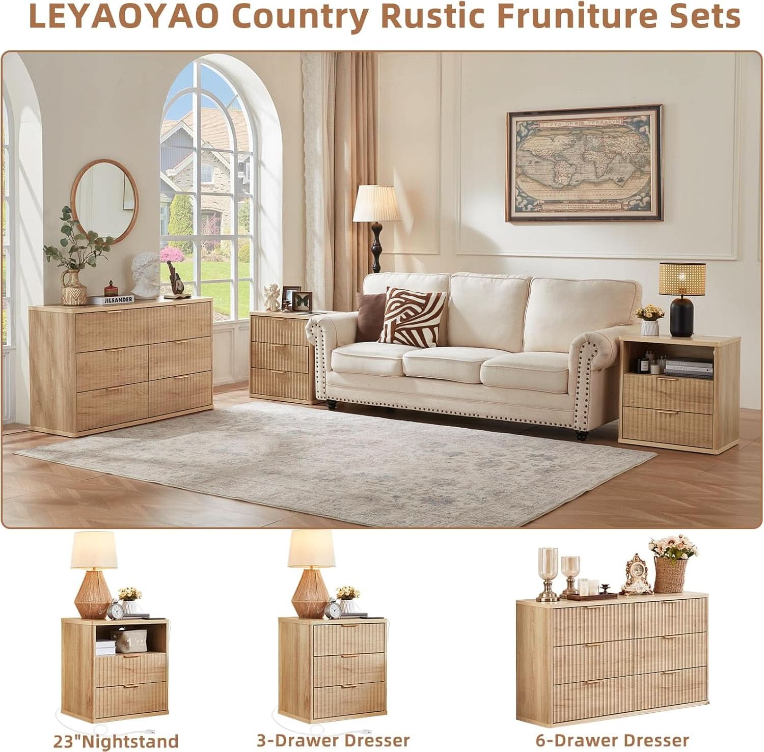 Fluted 6 Drawer Dresser 48 Inch Natural Wood Finish