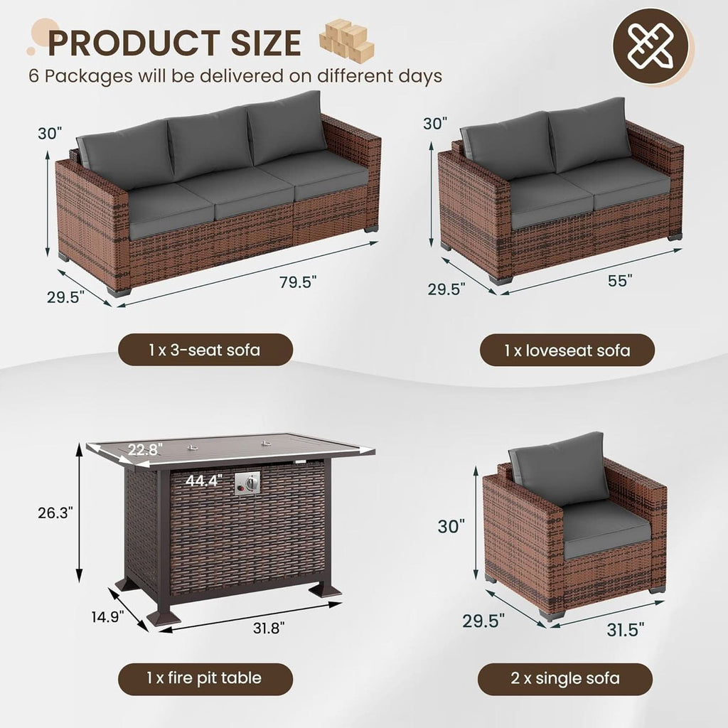 5 Piece Wicker Patio Furniture Set With Fire Pit Table Grey