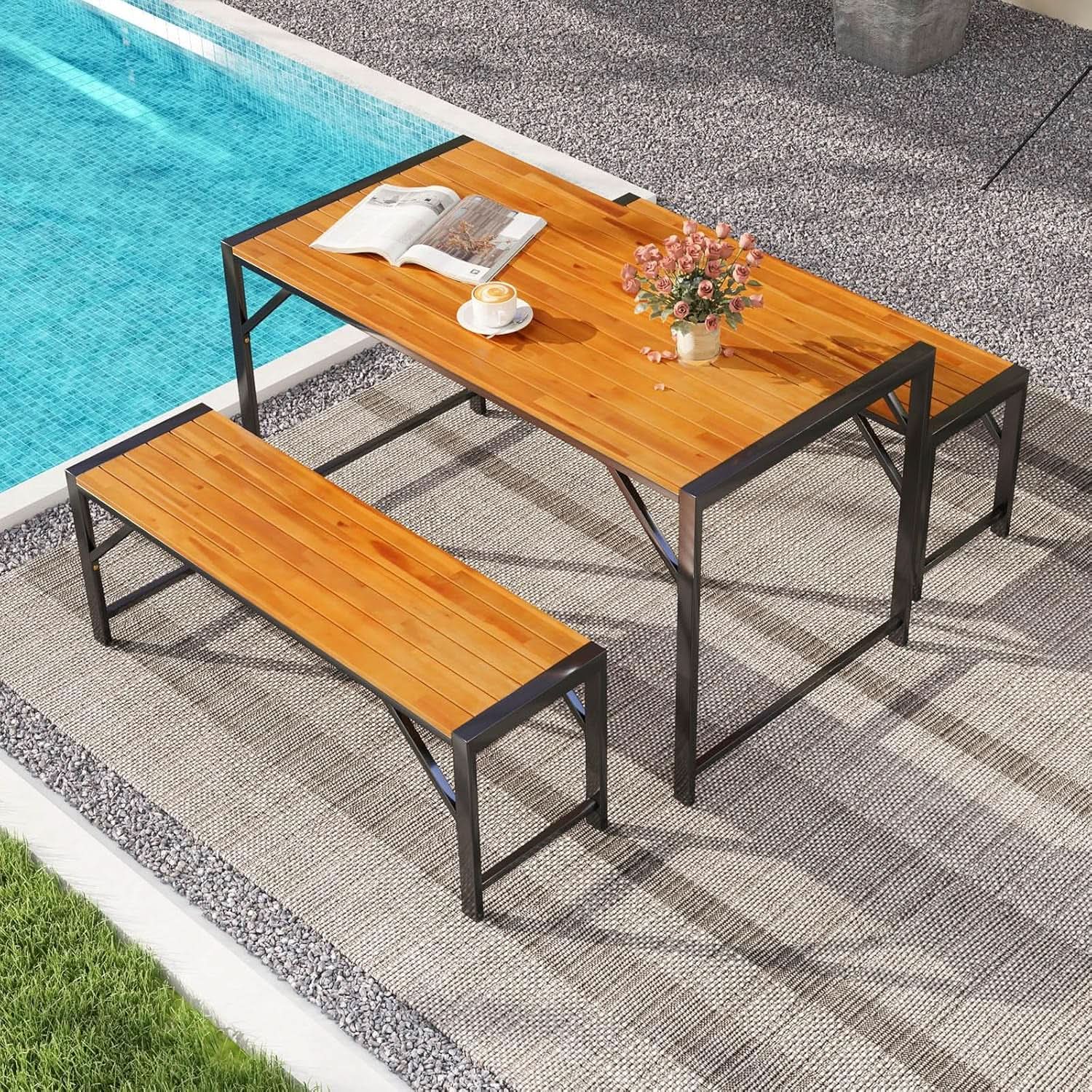 3 Piece Patio Dining Set For Six With 53 Inch Acacia Wood Table And Space Saving Benches