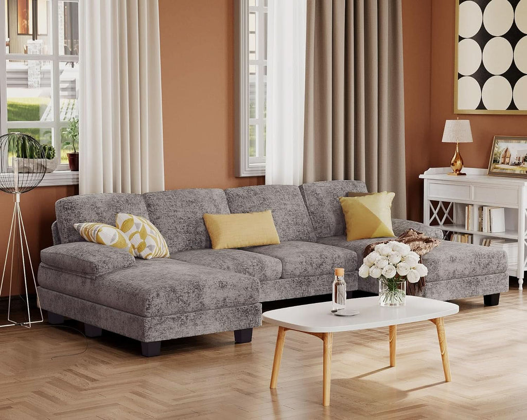 Grey Linen U Shaped Sectional Sofa Couch 4 Seat With Double Chaise