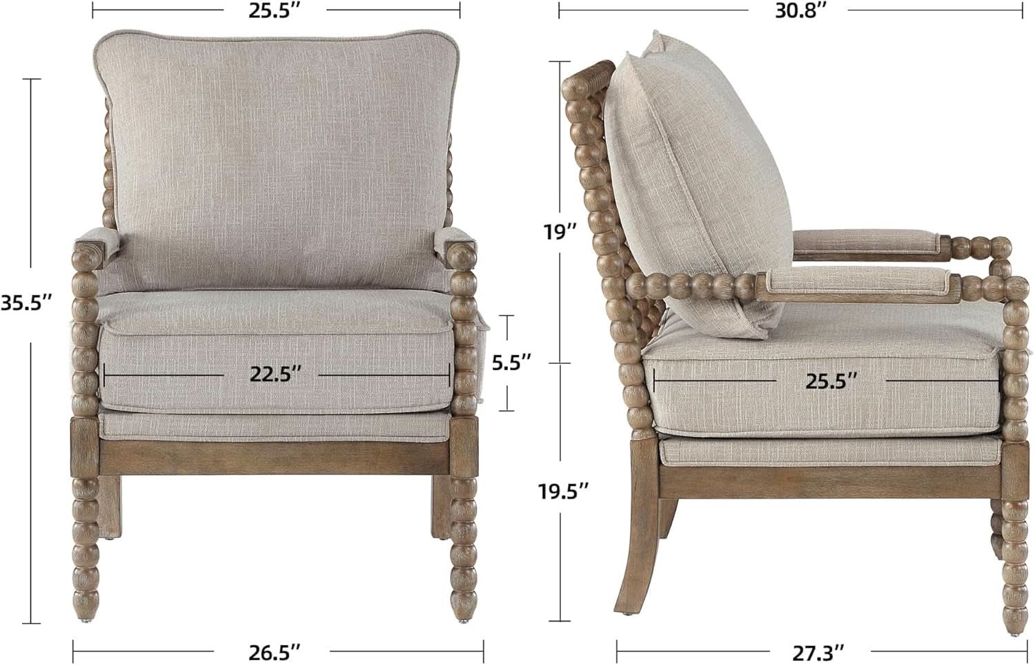 Linen Spindle Accent Chairs Set Of 2 Cushioned Armrests