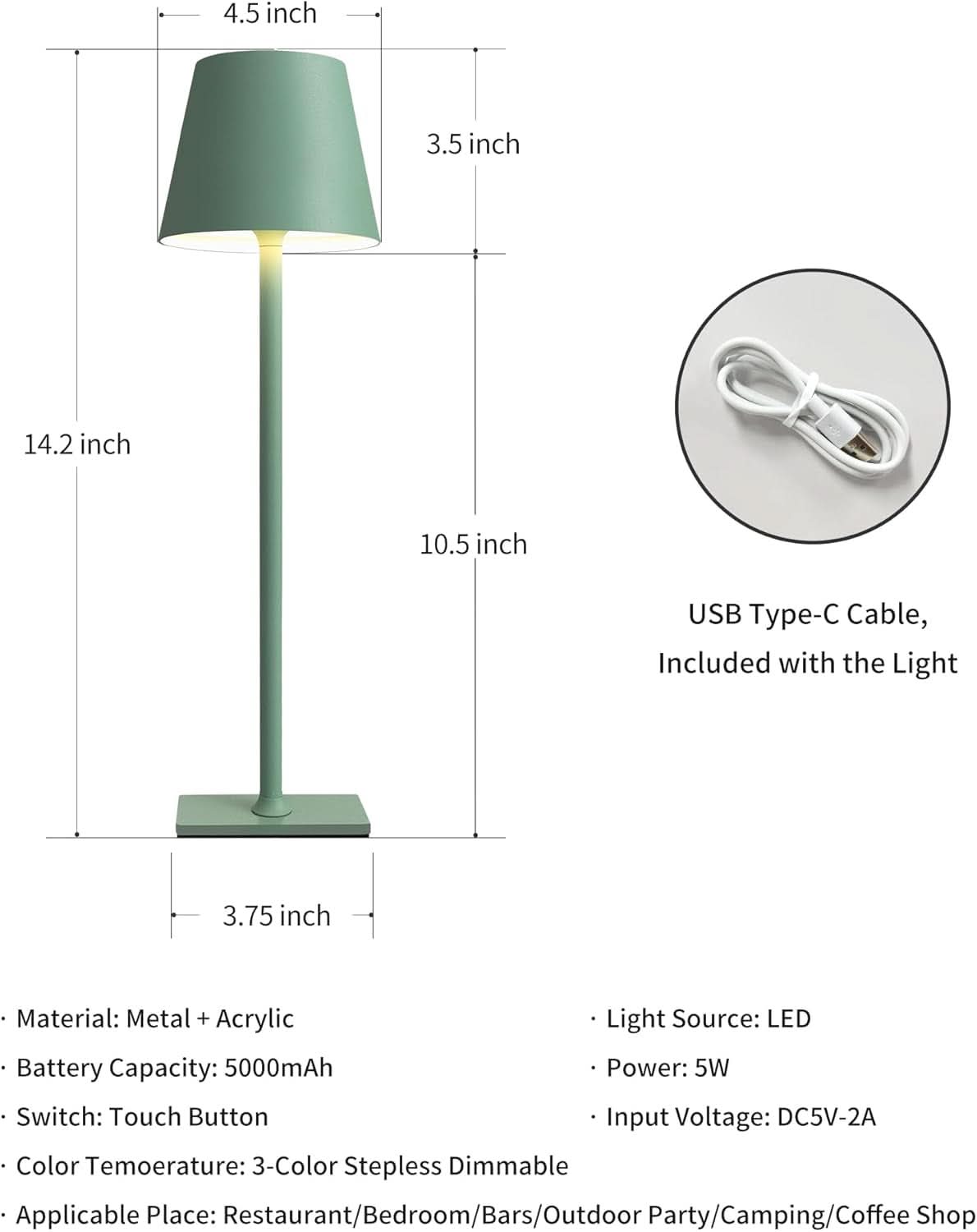 Two Pack Cordless LED Table Lamp 5000mAh Battery Portable Dimmable Green Desk Lamp With 3 Color Temperatures