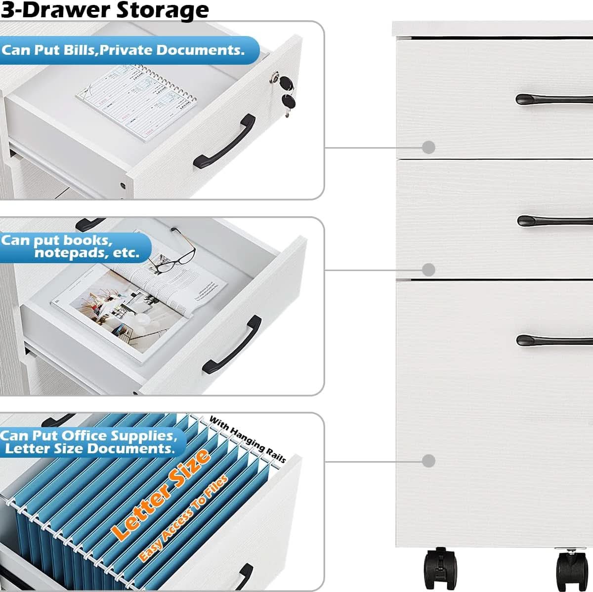 Three Drawer White Wood Mobile File Cabinet Under Desk Storage For Home Office Organization