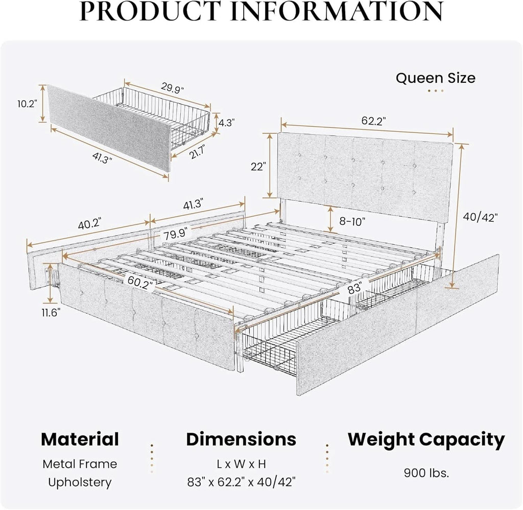 Upholstered Queen Platform Bed Frame With 4 Storage Drawers