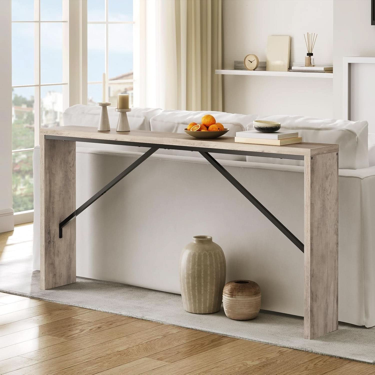 62.2 Inch Greige Industrial Console Table For Entryway