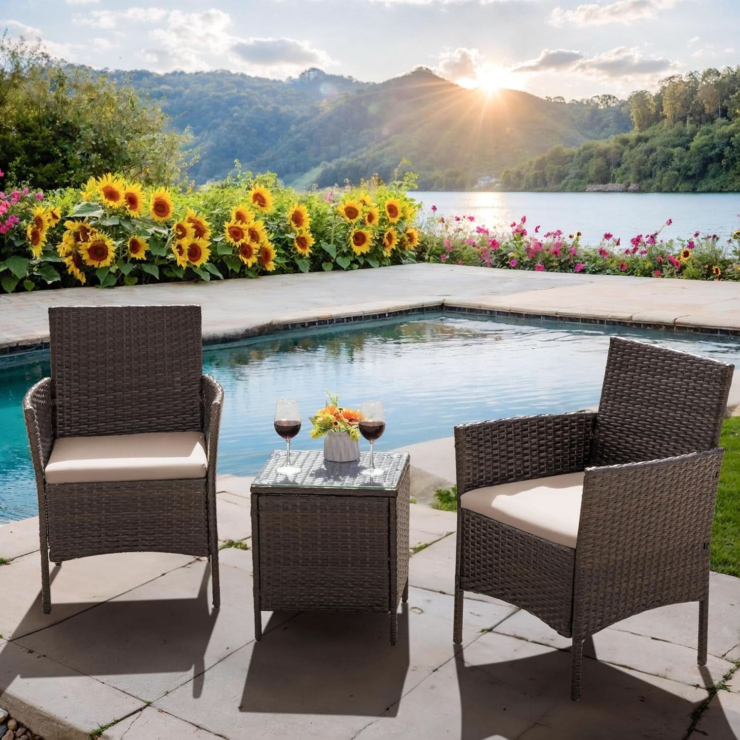 Patio Set 3 Piece All Weather Rattan Glass Table Brown