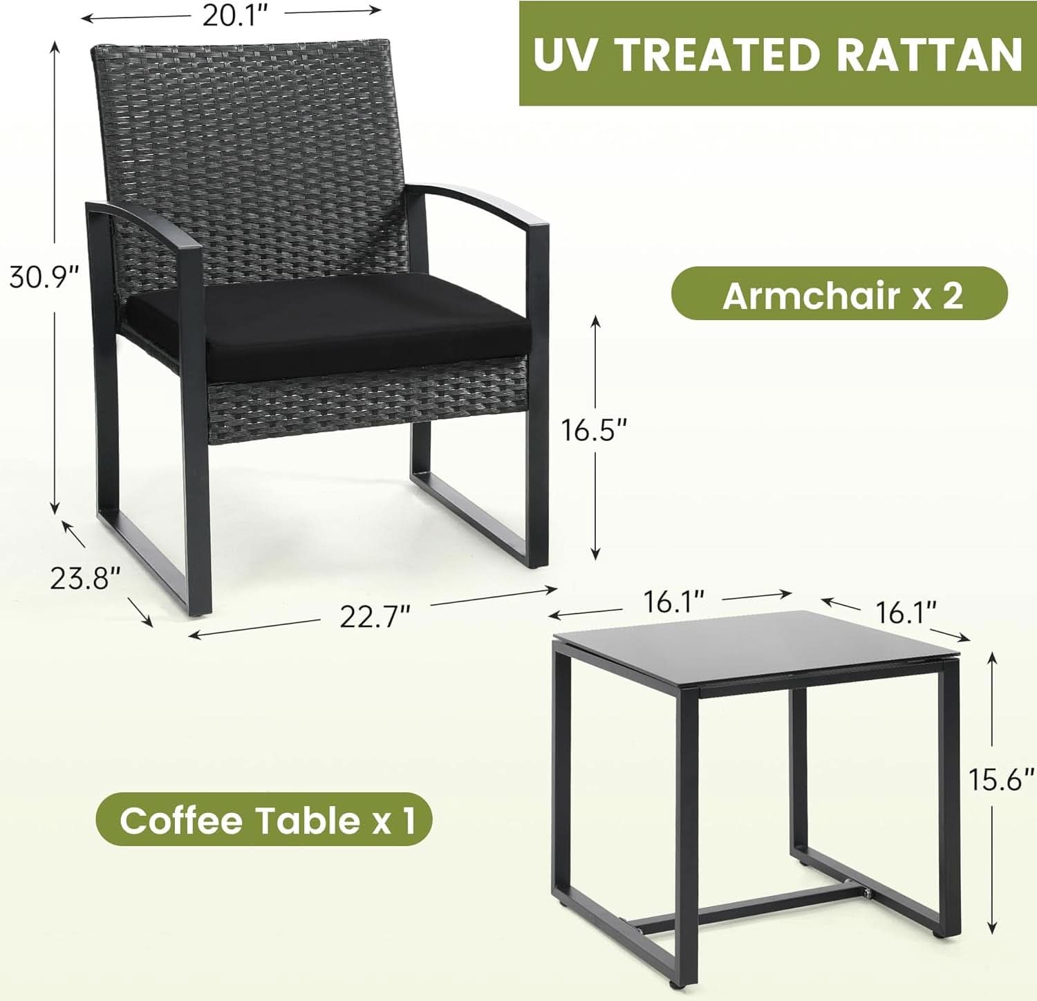 Three Piece Wicker Patio Bistro Set With Coffee Table Black Frame For Balcony Porch And Garden Outdoor