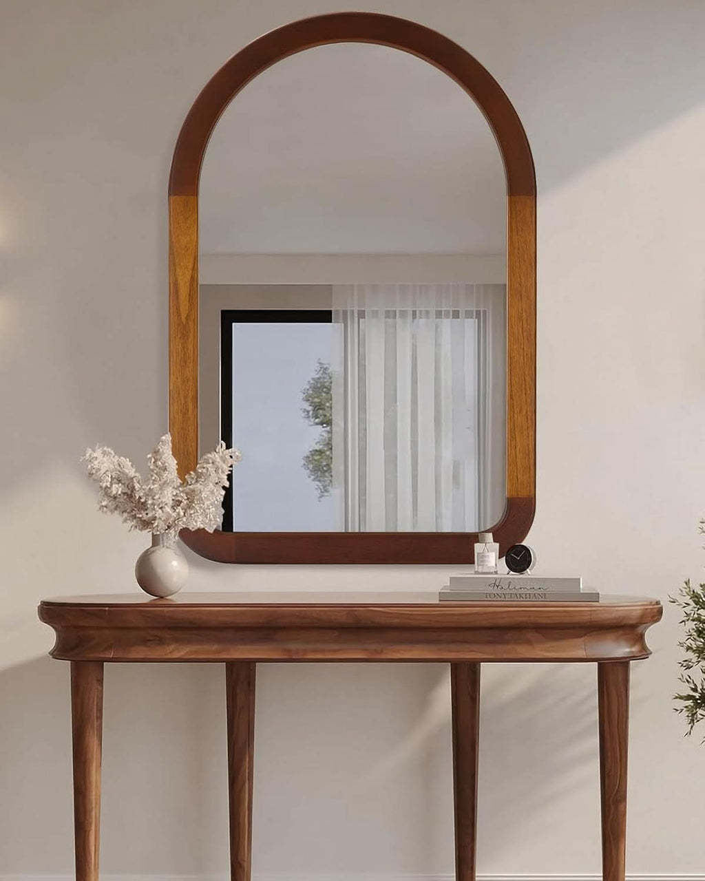 Arched Mirror 24x36 Walnut Brown Wood Frame Wall Mounted