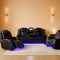 Leather Power Recliner Sofa Set With LED USB Ports Black