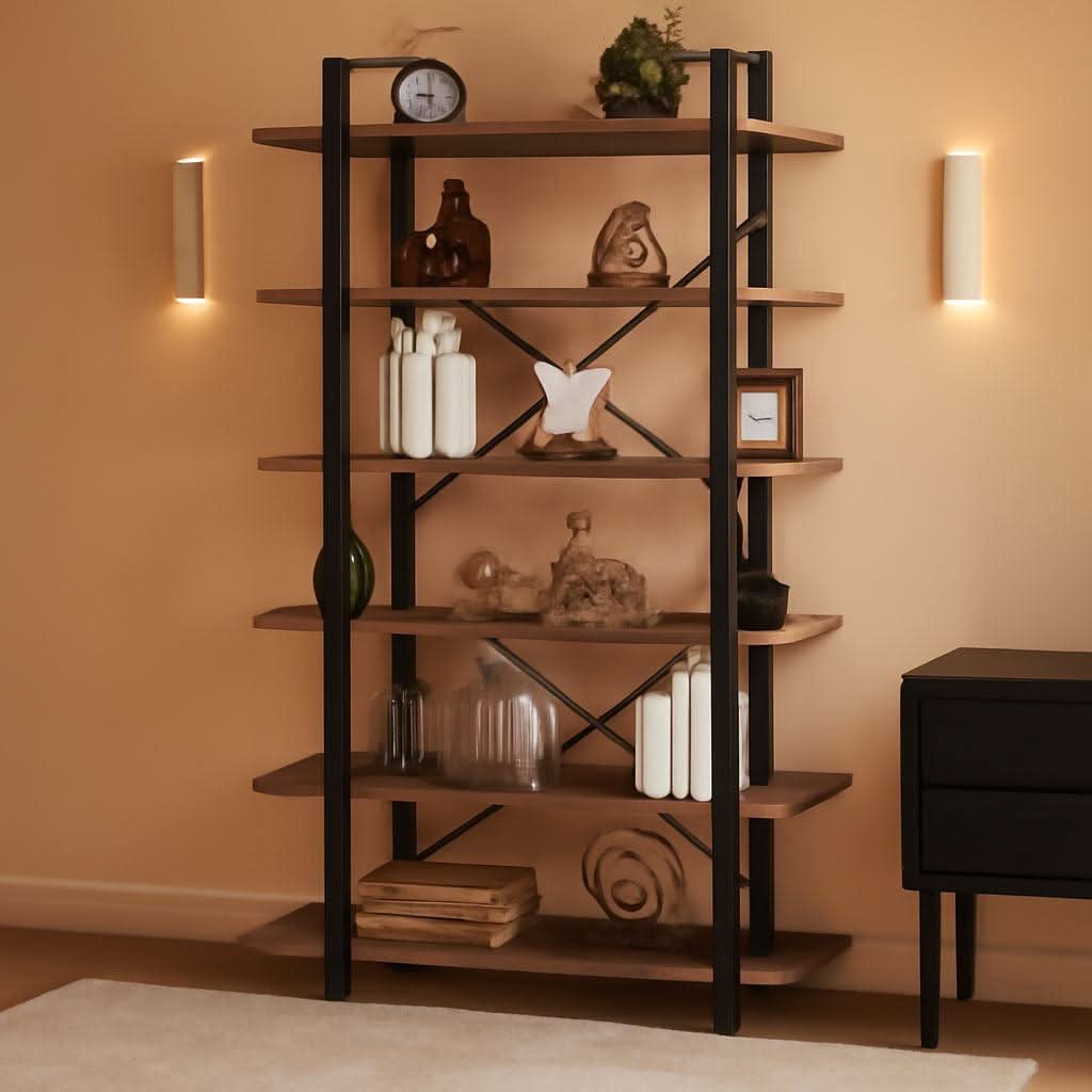 Rustic Oak 6 Tier Tall Bookcase With Metal Frame Industrial