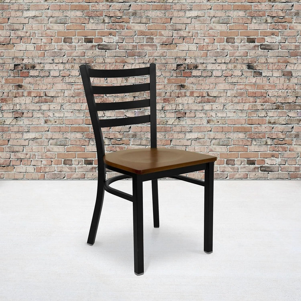 2 Pack HERCULES Series Black Ladder Back Metal Restaurant Chair With Cherry Wood Seat