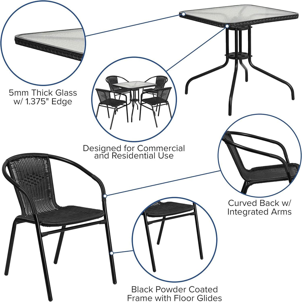 28 Inch Square Patio Table And Rattan Chairs Set Black