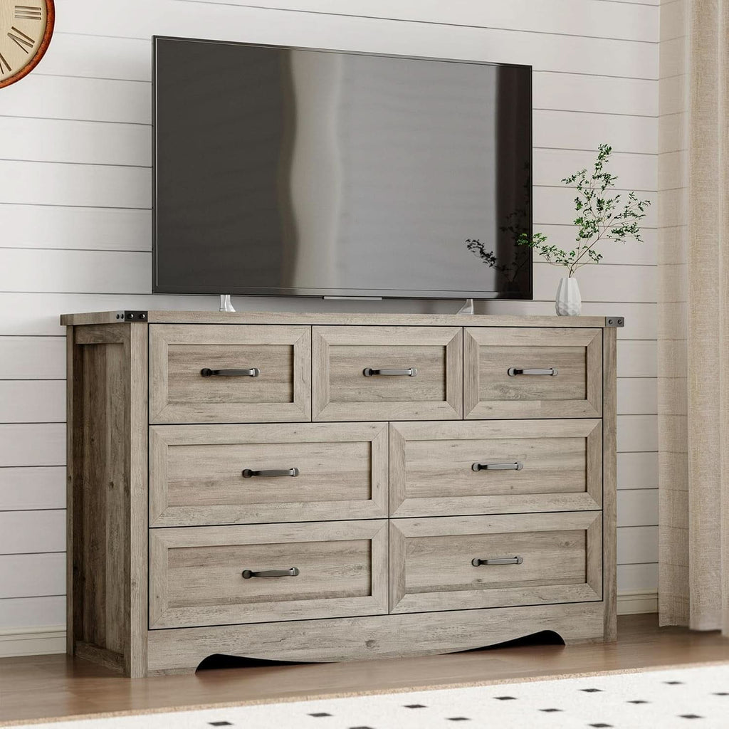 Seven Drawer Dresser With Brushed Metal Handles For Bedroom
