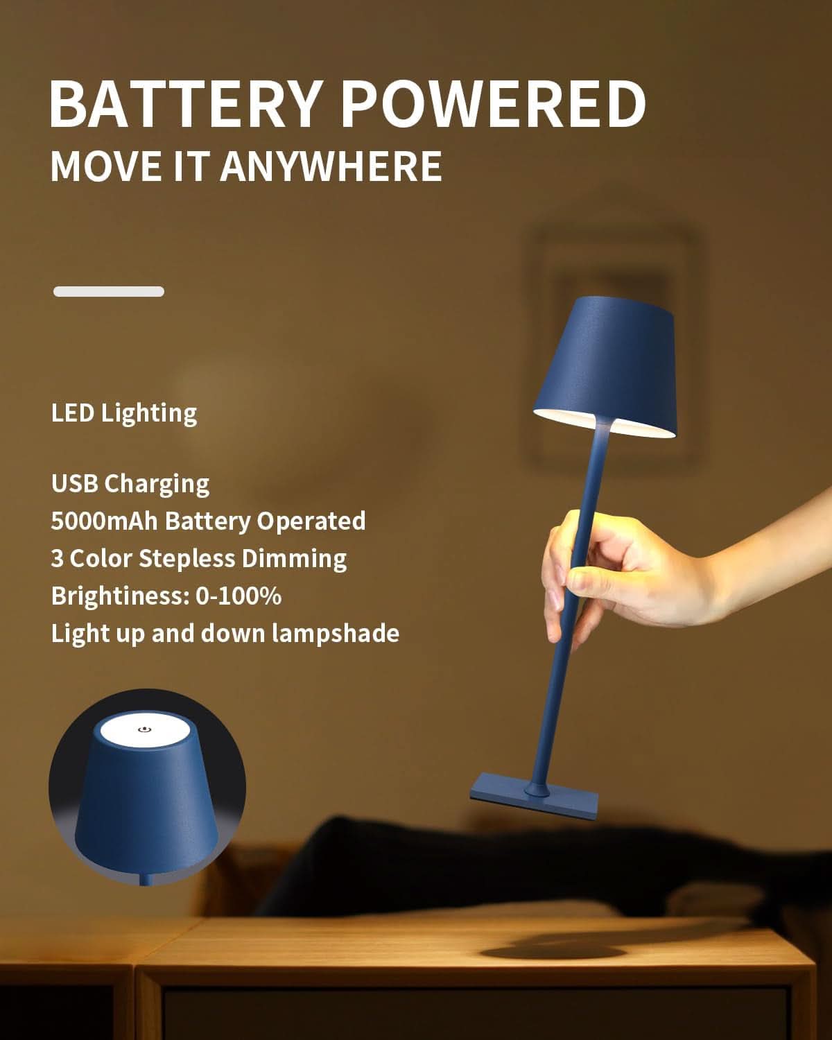 2 Pack Cordless Rechargeable LED Desk Lamp With 3 Color Stepless Dimming Blue For Home Office And Outdoor Settings