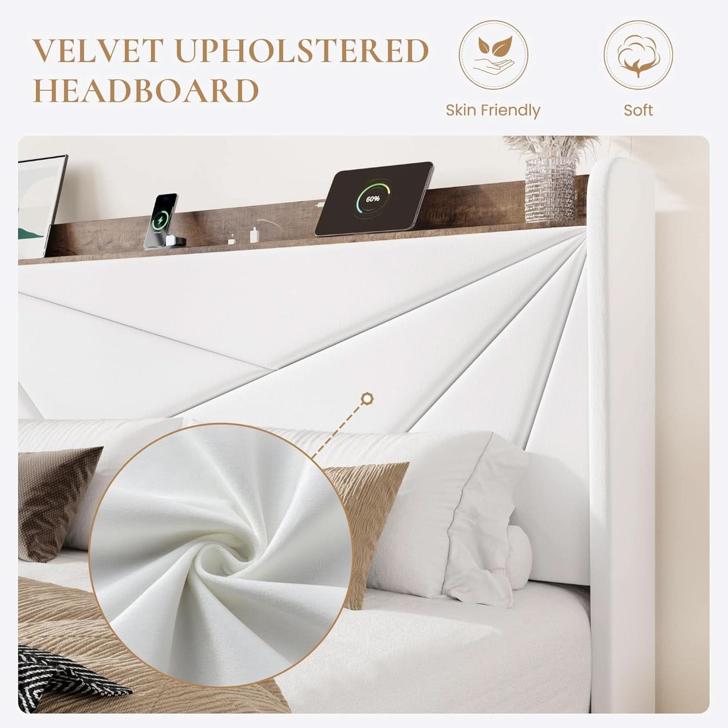 White Velvet Upholstered Bed Frame With USB Type C Ports