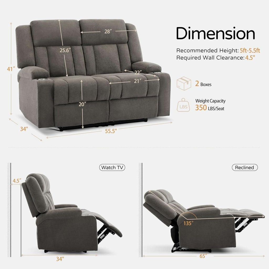 Manual Fabric Recliner Loveseat Sofa With Cup Holders 2 Seater Light Brown