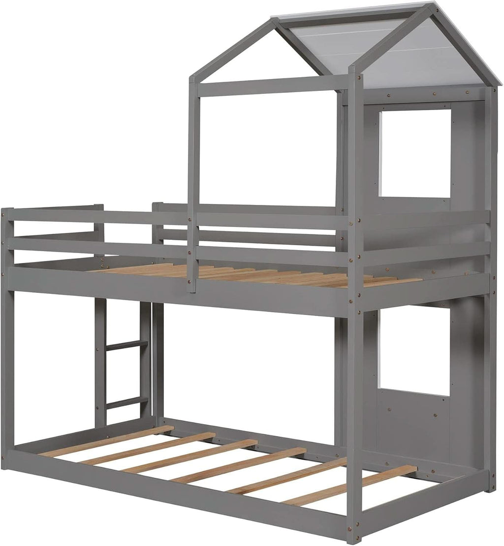 Twin Over Twin House Bunk Bed With Roof And Ladders Grey