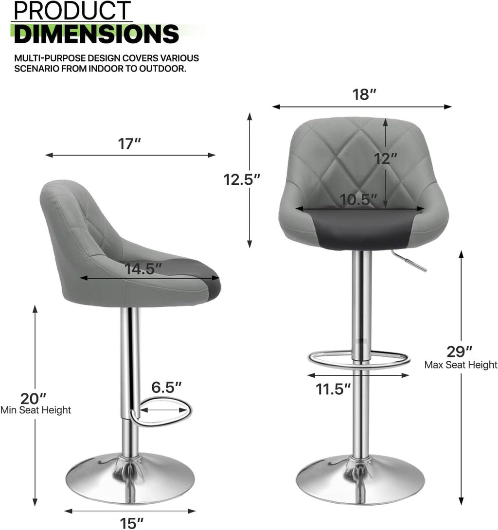 Height Adjustable Grey PU Leather Bar Stools Set Of 2