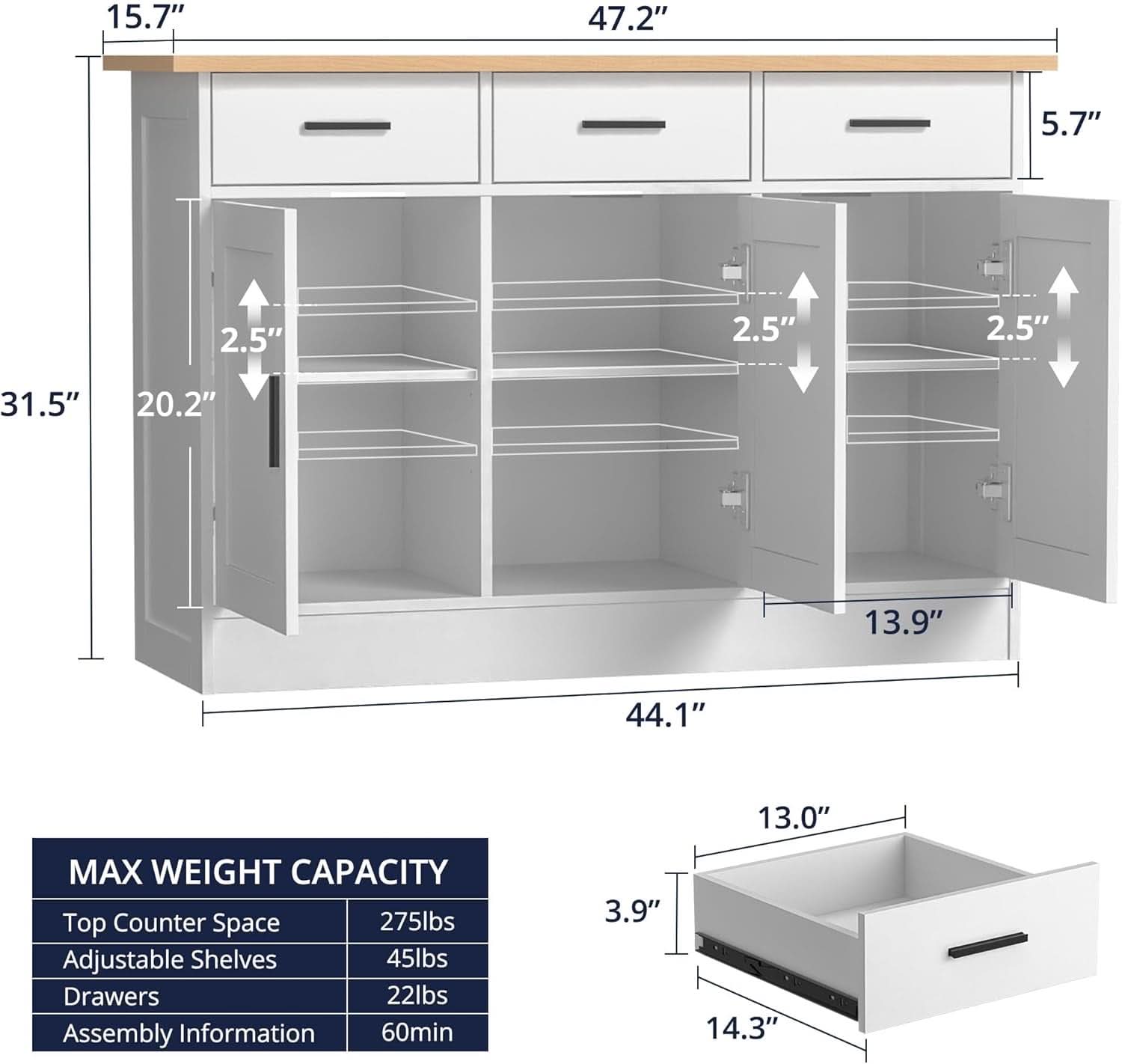 White Buffet Cabinet 47W Oak Top With 3 Doors And 3 Drawers