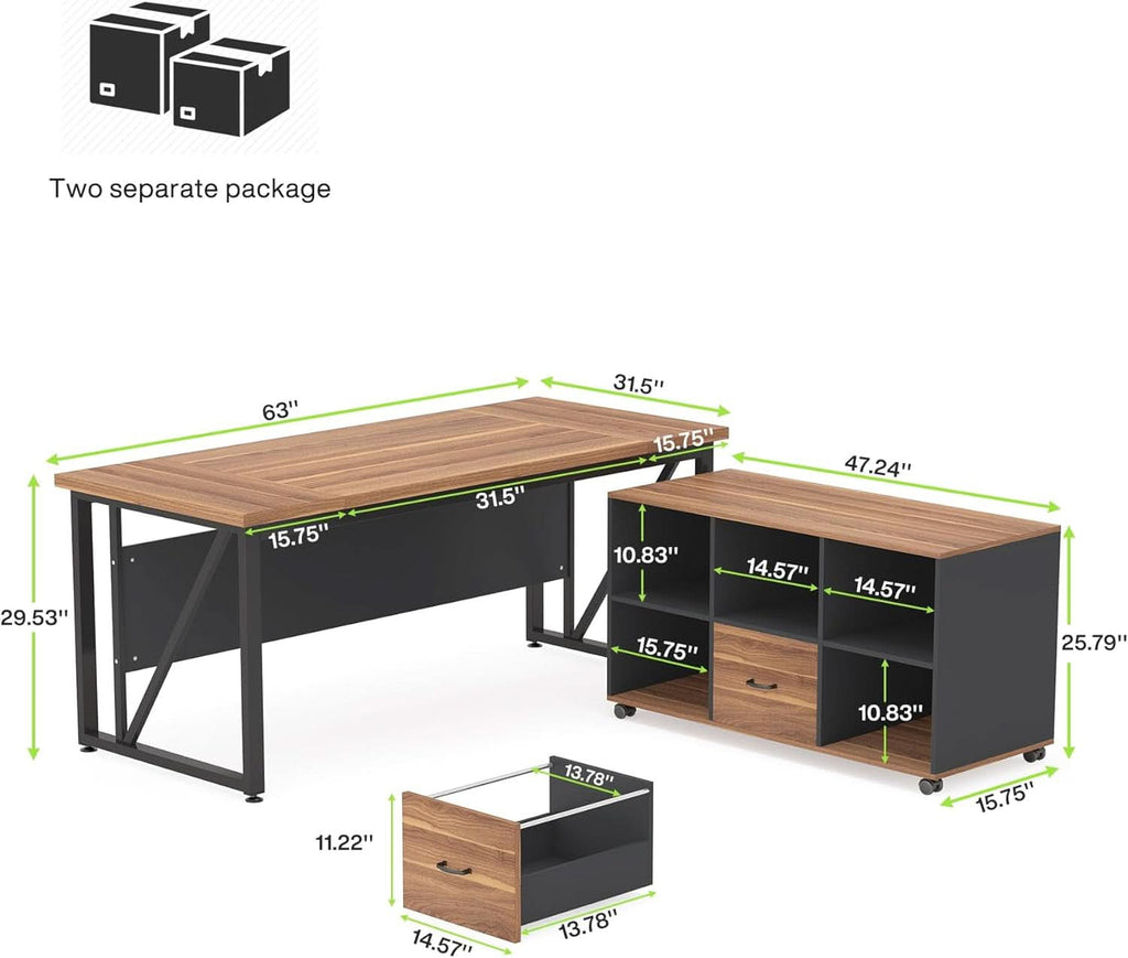 63 Inch L Shaped Desk With 47 Inch File Cabinet Brown Black