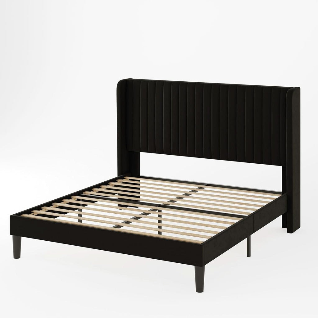 Queen Size Velvet Bed Frame With Wingback Headboard Storage