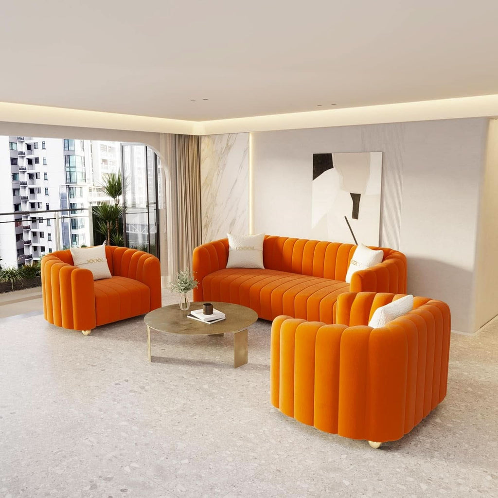 Orange Velvet Tufted Sofa Set With Gold Ball Legs Modern