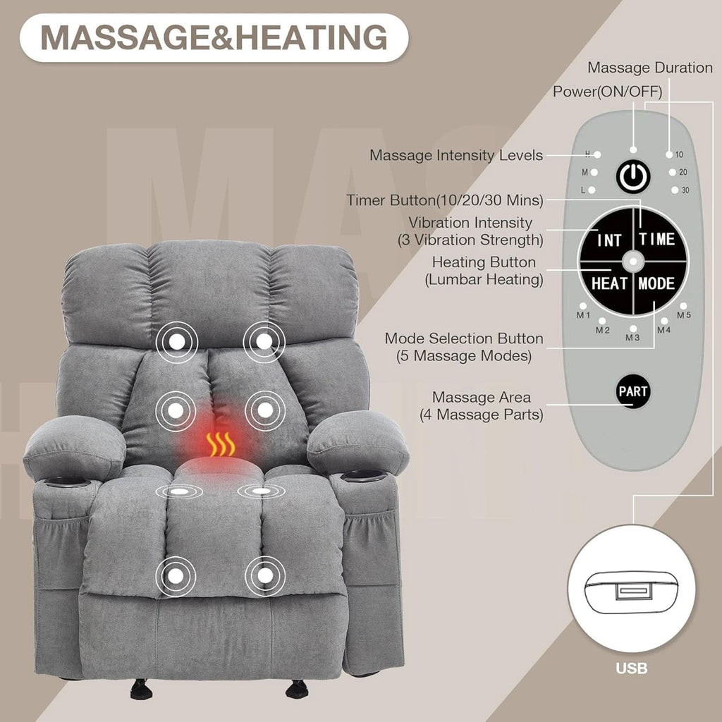 Massage Rocker Recliner Chair With Heat And Vibration Grey