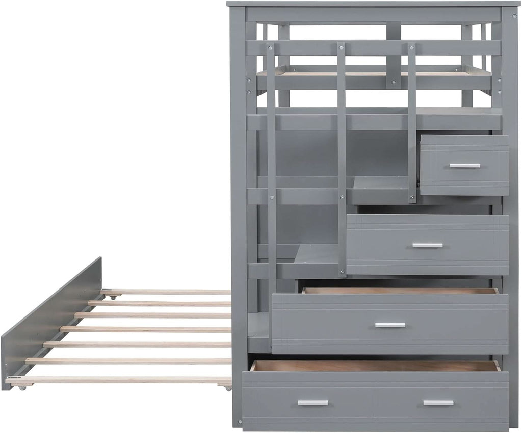 Natural Gray Twin Bunk Bed With Trundle And Stairs