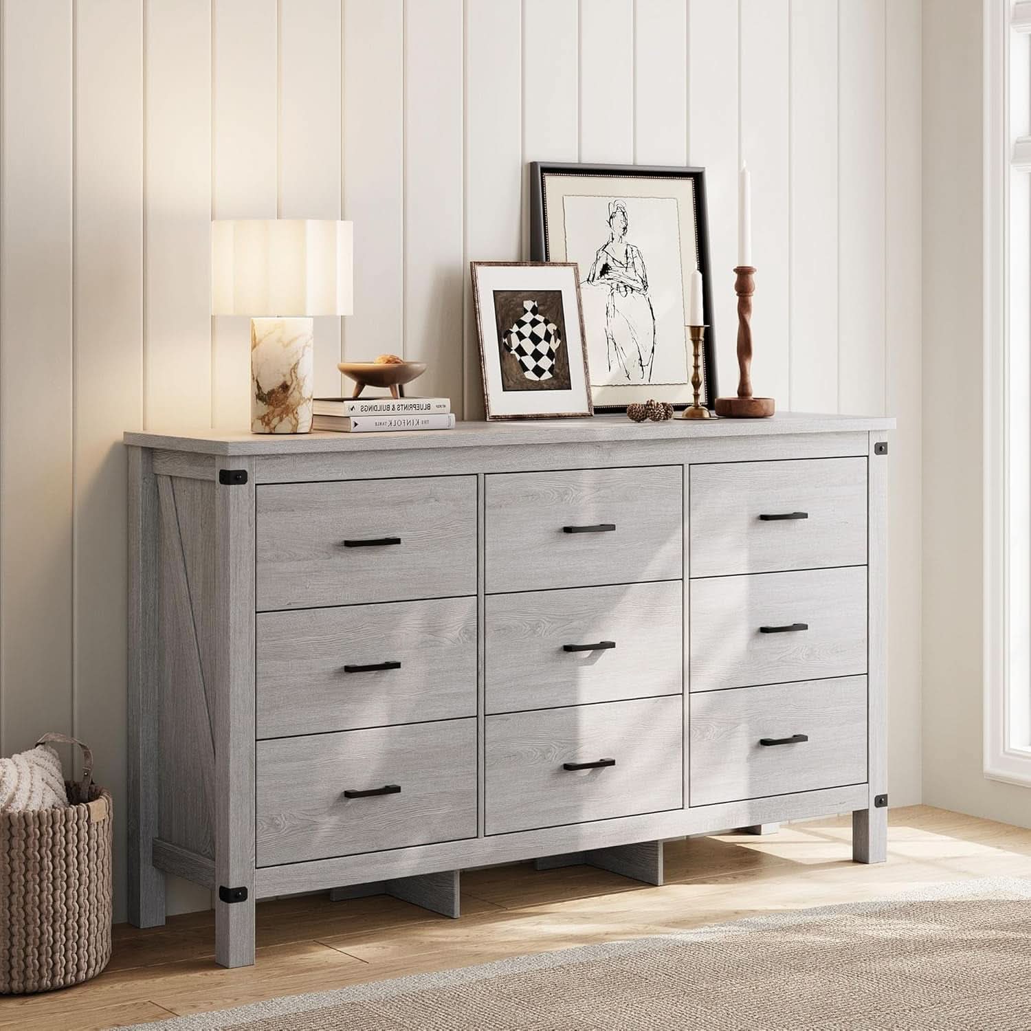 59 Inch Washed Grey Modern Farmhouse DresserWithNineDrawers