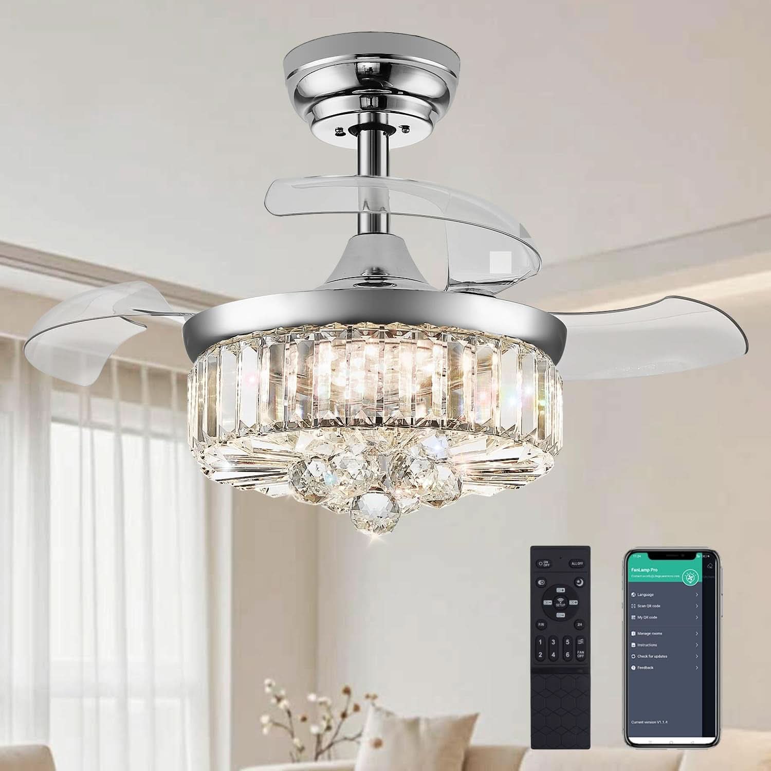 30 Inch Crystal Chandelier Ceiling Fan With Retractable Blades