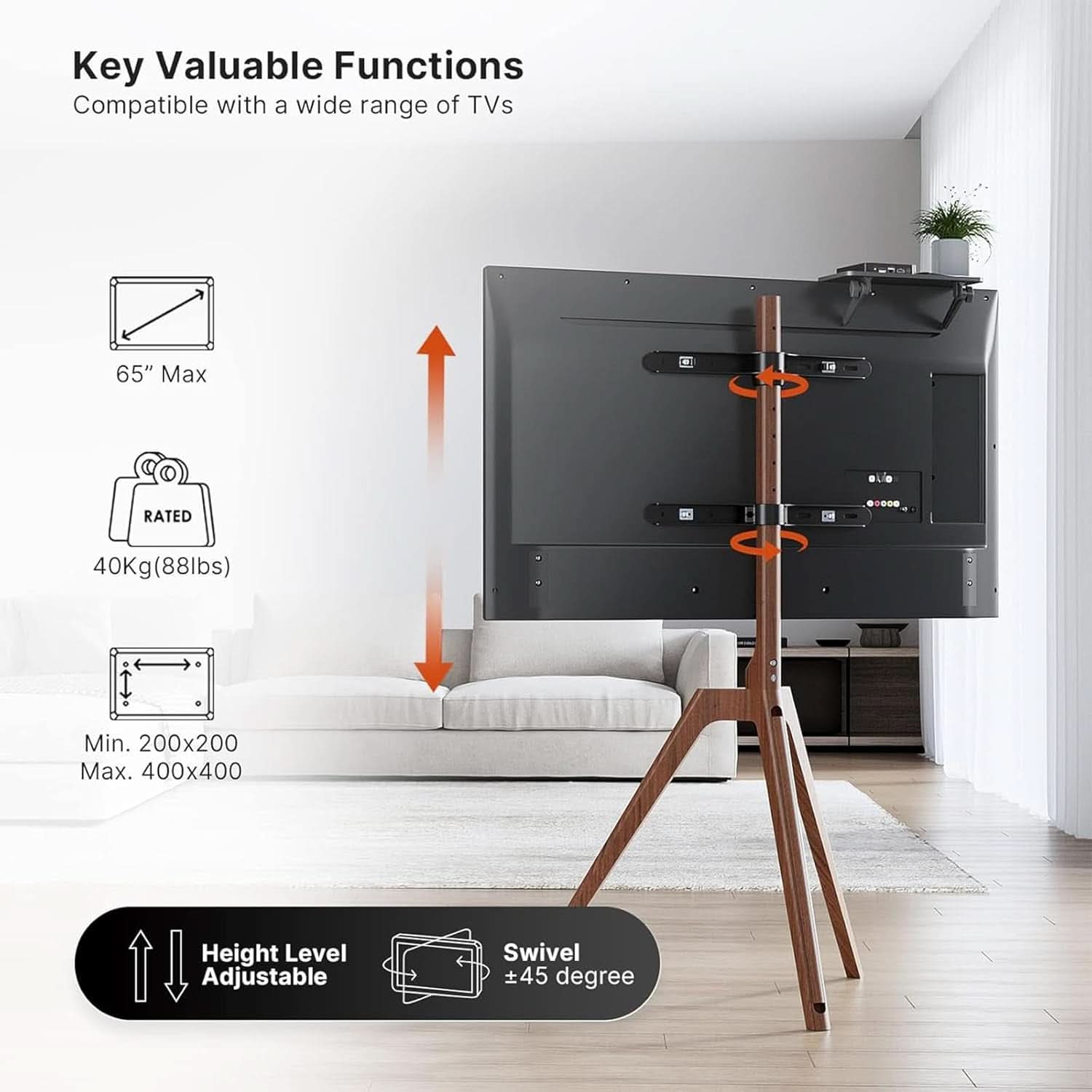 Wood Easel TV Stand For 45 To 65 Inch TVs Walnut Floor