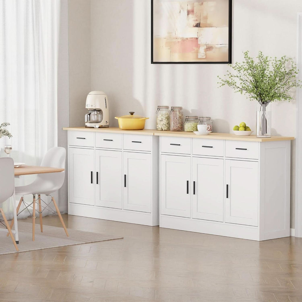 White Buffet Cabinet 47W Oak Top With 3 Doors And 3 Drawers