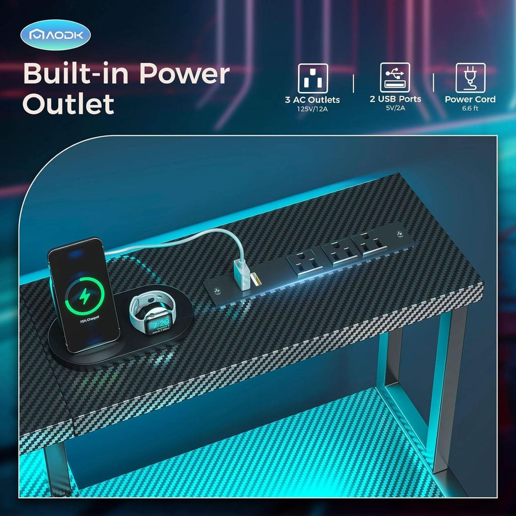 48 Inch LED Gaming Desk With Power Outlet And Shelves