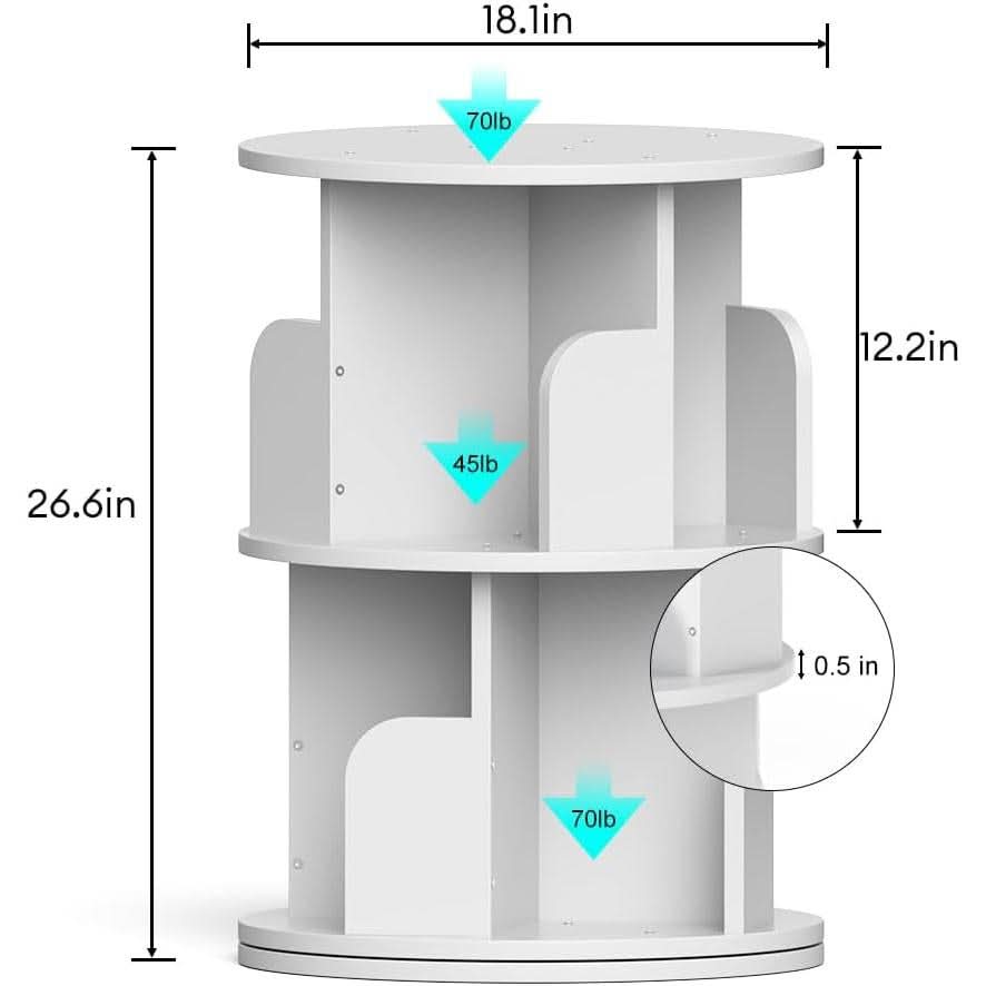 Rotating Bookshelf 2 Tier White Narrow Corner Swivel