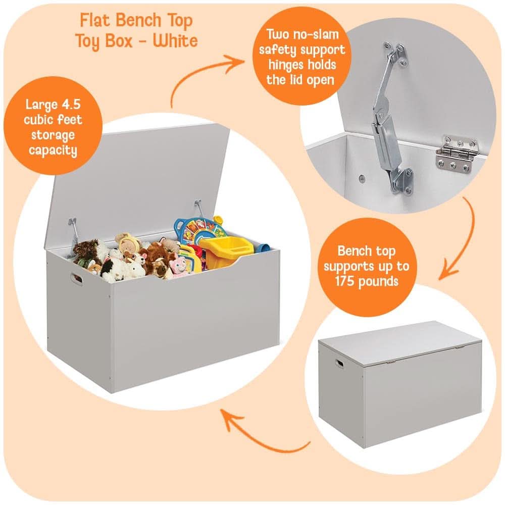 White Toy Storage Chest Bench FourCubicFeet FlipTopLid