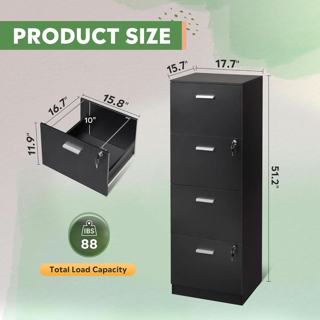 4 Drawer Locking File Cabinet For A4 And Letter Files Black Wood