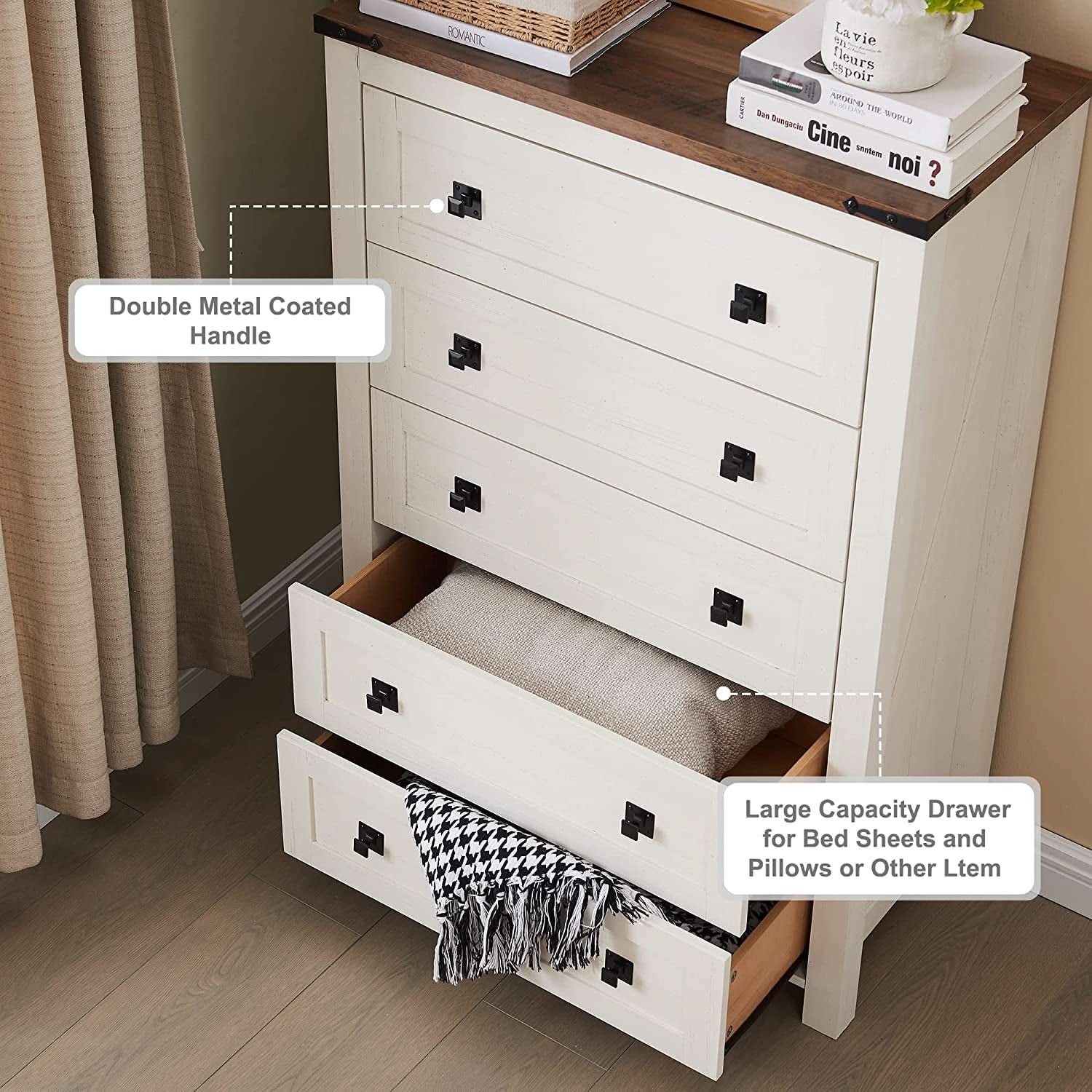 Antique White Rustic 5 Drawer Dresser For Bedroom Storage
